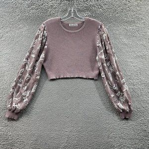 89th & Madison Blouse Women's Large Mauve Sheer Floral Print‎ Sleeve Cropped Top